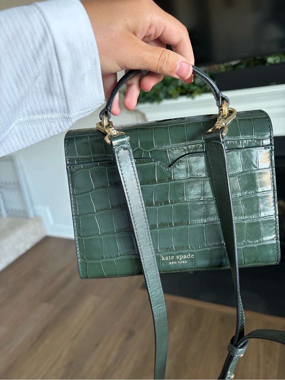 Kate spade Croc-Embossed Top Handle Bag in Dark Green - Picture 4 of 7